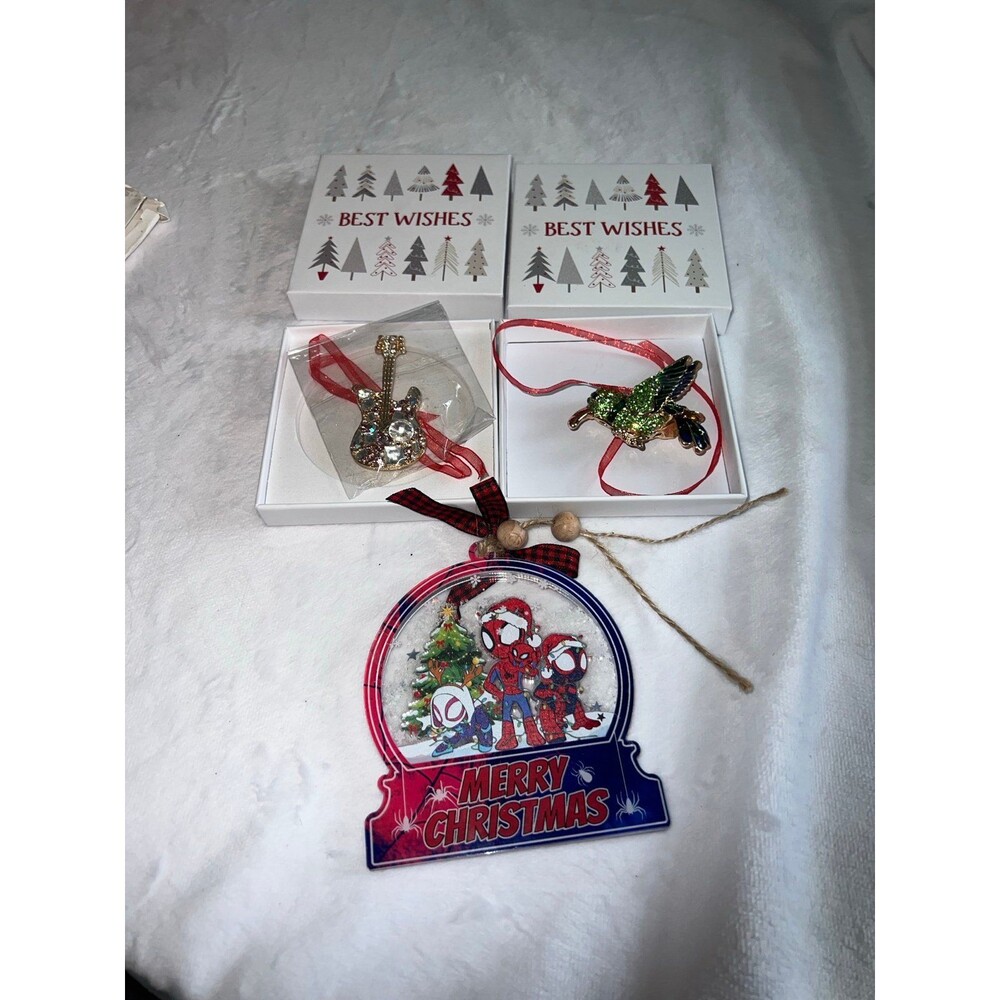 3 unique ornaments/gifts - blingy guitar, green bird & snowflake Spider-Man